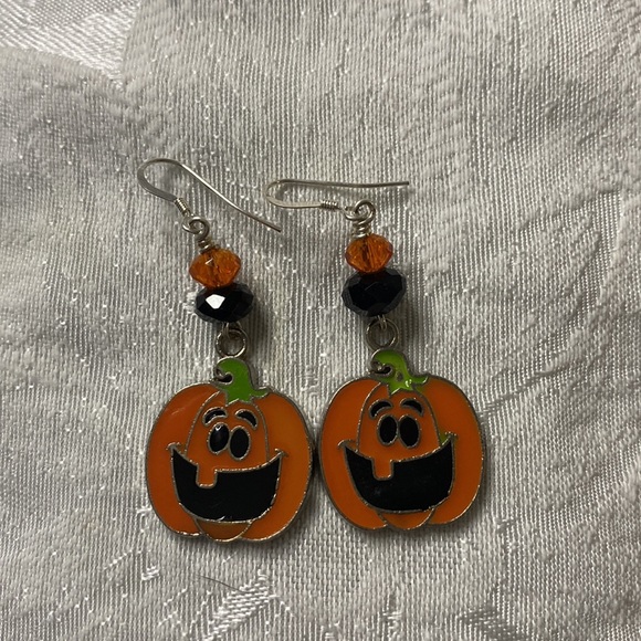 Handcrafted Orange Jack-o-Lantern Charm Earrings - Picture 1 of 4